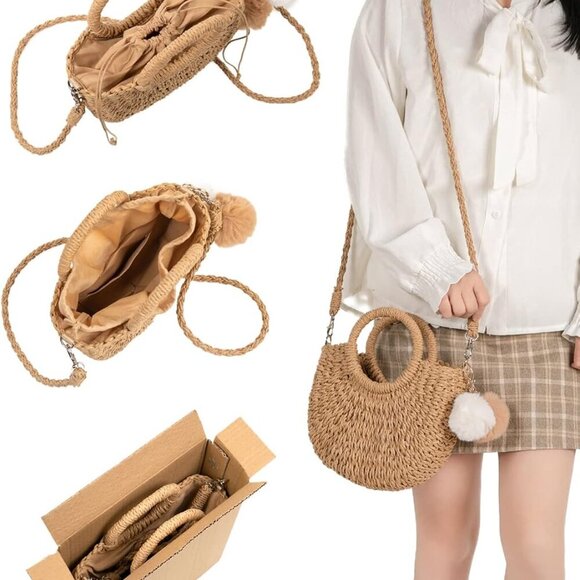 Women's Straw Beach Crossbody Bag Mini Tote Handwoven Summer Shoulder - Picture 7 of 7